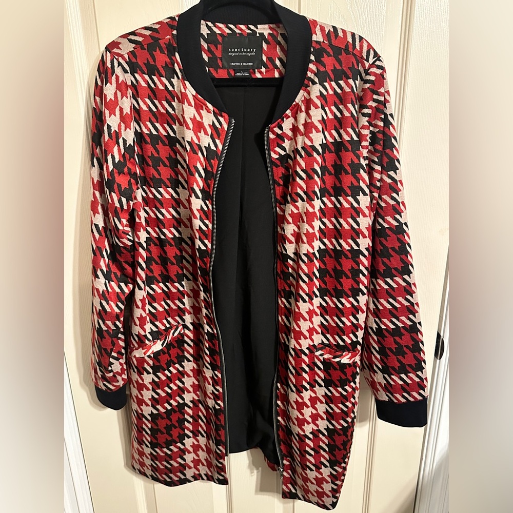 Sanctuary City Topper Houndstooth Pattern Full Zip Coat Red, Tan & Black, XL - Picture 4 of 7
